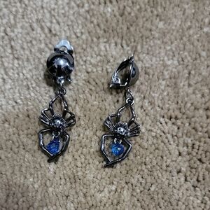 Silver Spider Earrings with Blue Gem